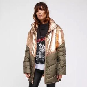 FREE PEOPLE Reversible Puffer Olive Green Metallic Rose Gold OVERSIZED